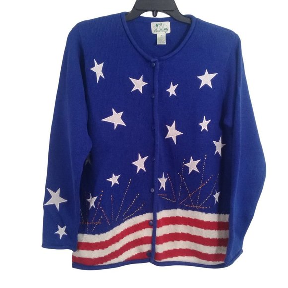 The Quacker Factory Sweaters - The Quacker Factory Women's M Blue Stars Stripes Flag Cardigan Sweater